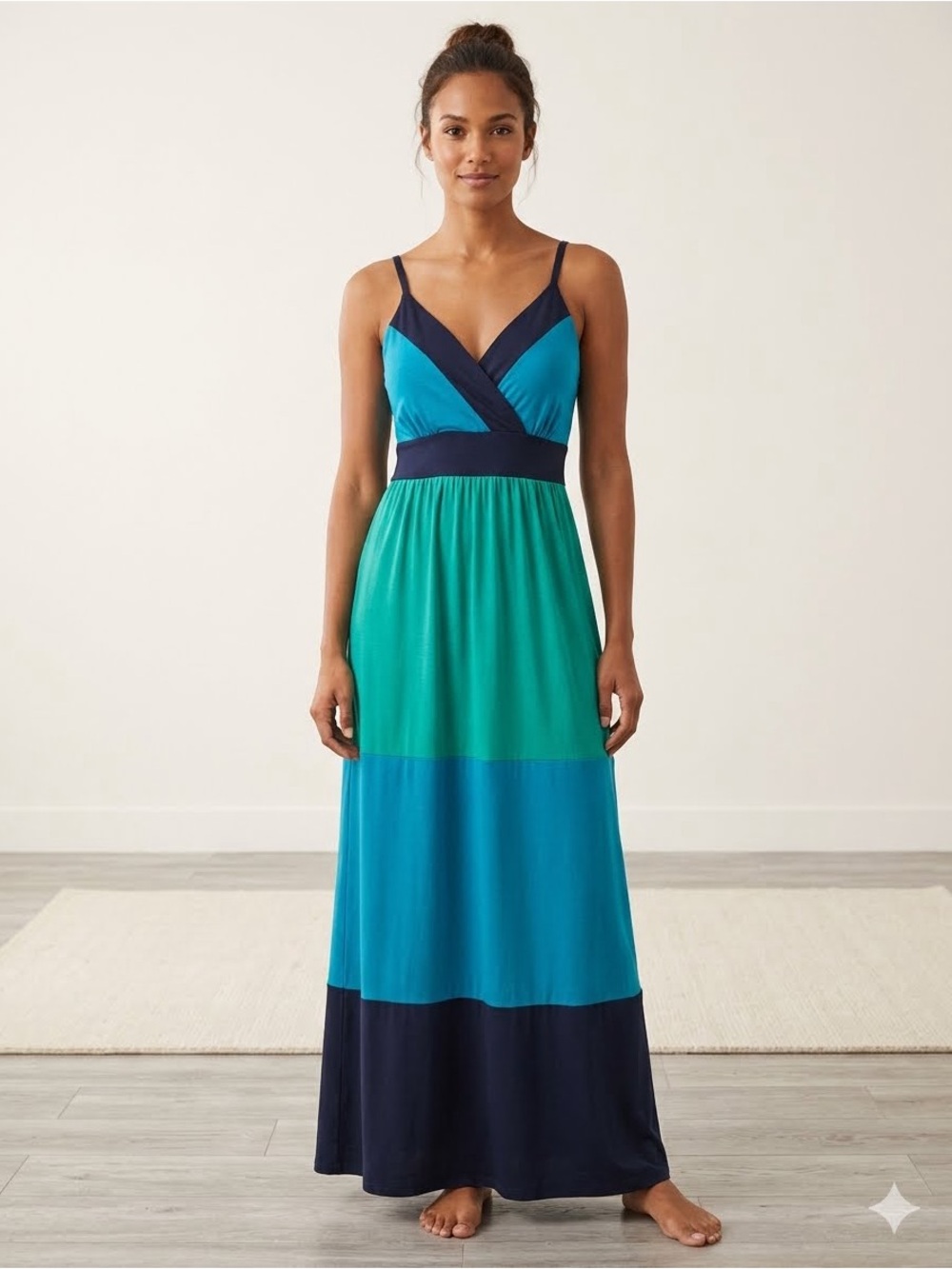 Allison Brittney Maxi Size L Teal and Blue Colorblock Knit Easy Fit:Built In Bra